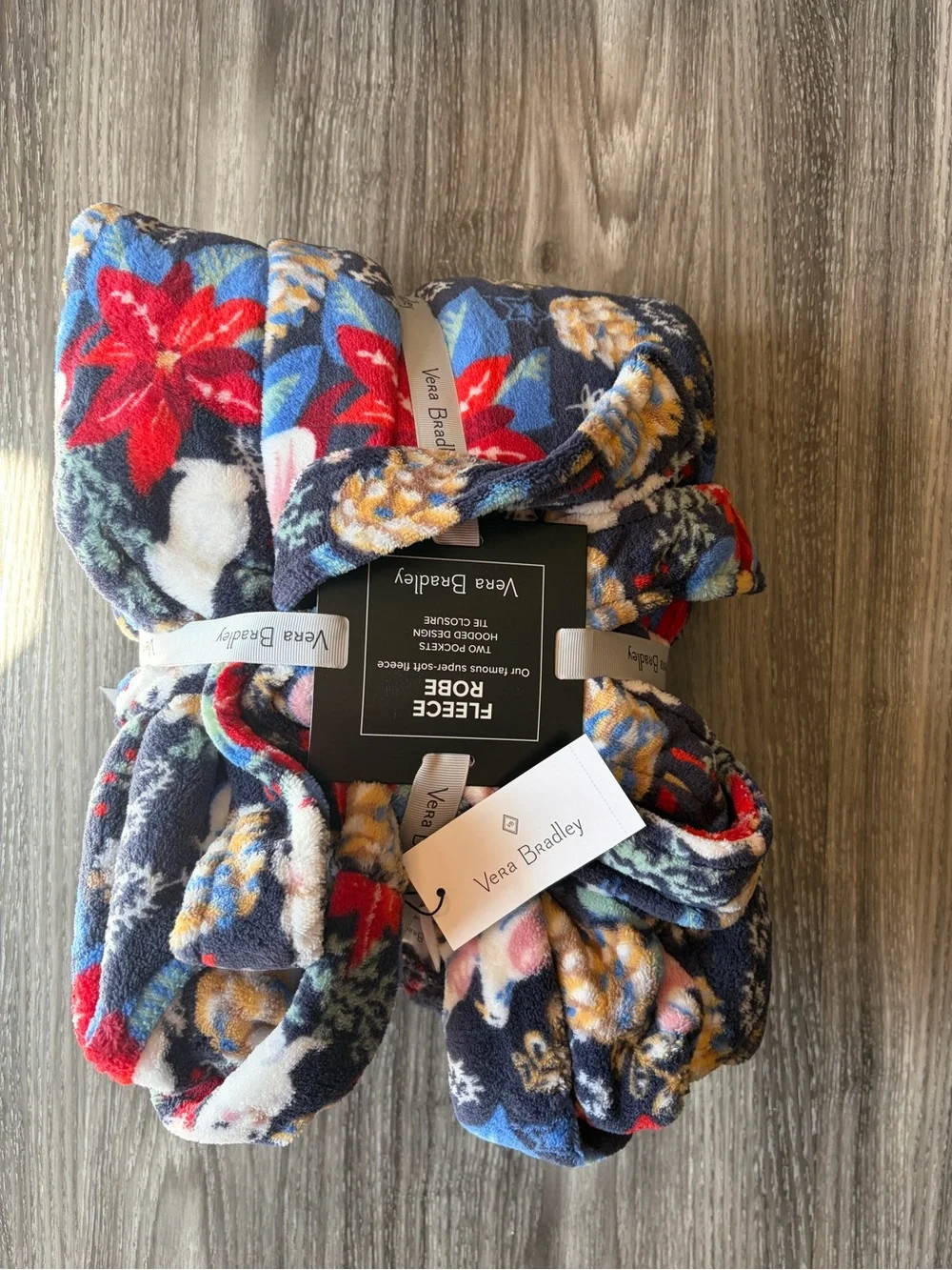 Vera Bradley Winter Forest Plush Fleece Hooded Robe Two Pocket Tie Waist S/M